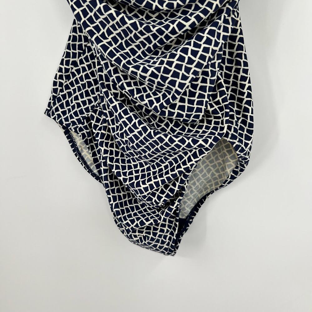 LL Bean Navy Blue & White geometric print square neck swimsuit SPF 50 size 12 - Picture 5 of 8